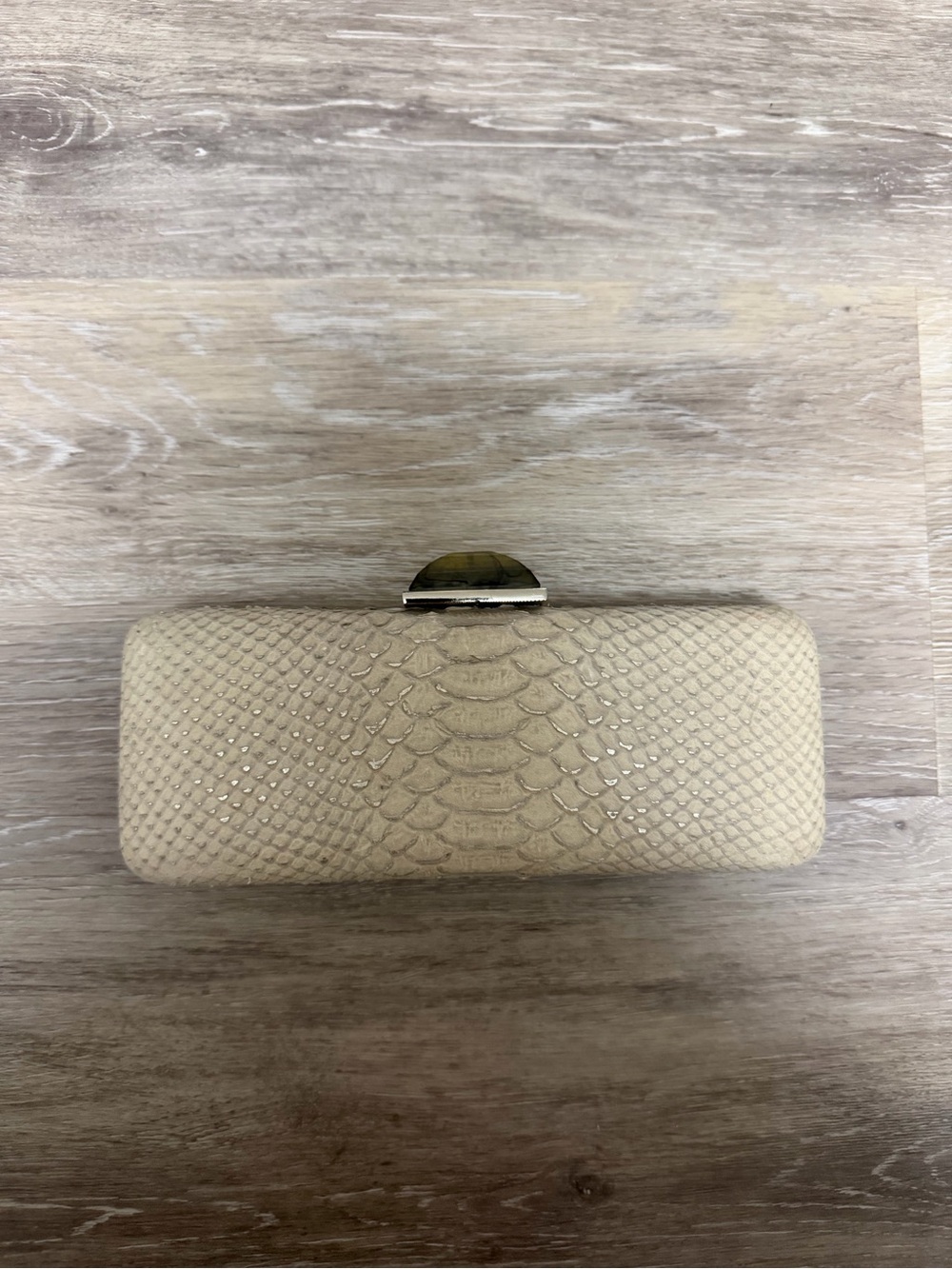 Judith Leiber Cream Snake-Embossed Hardcase Clutch with Metal Clasp